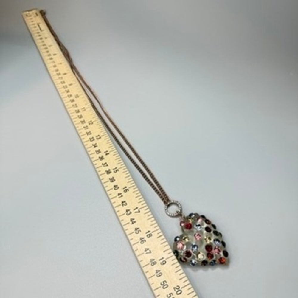 Betsey Johnson Lucite Puffy Heart Necklace Multi-Color Rhinestone 40" Long Opera - Picture 6 of 8